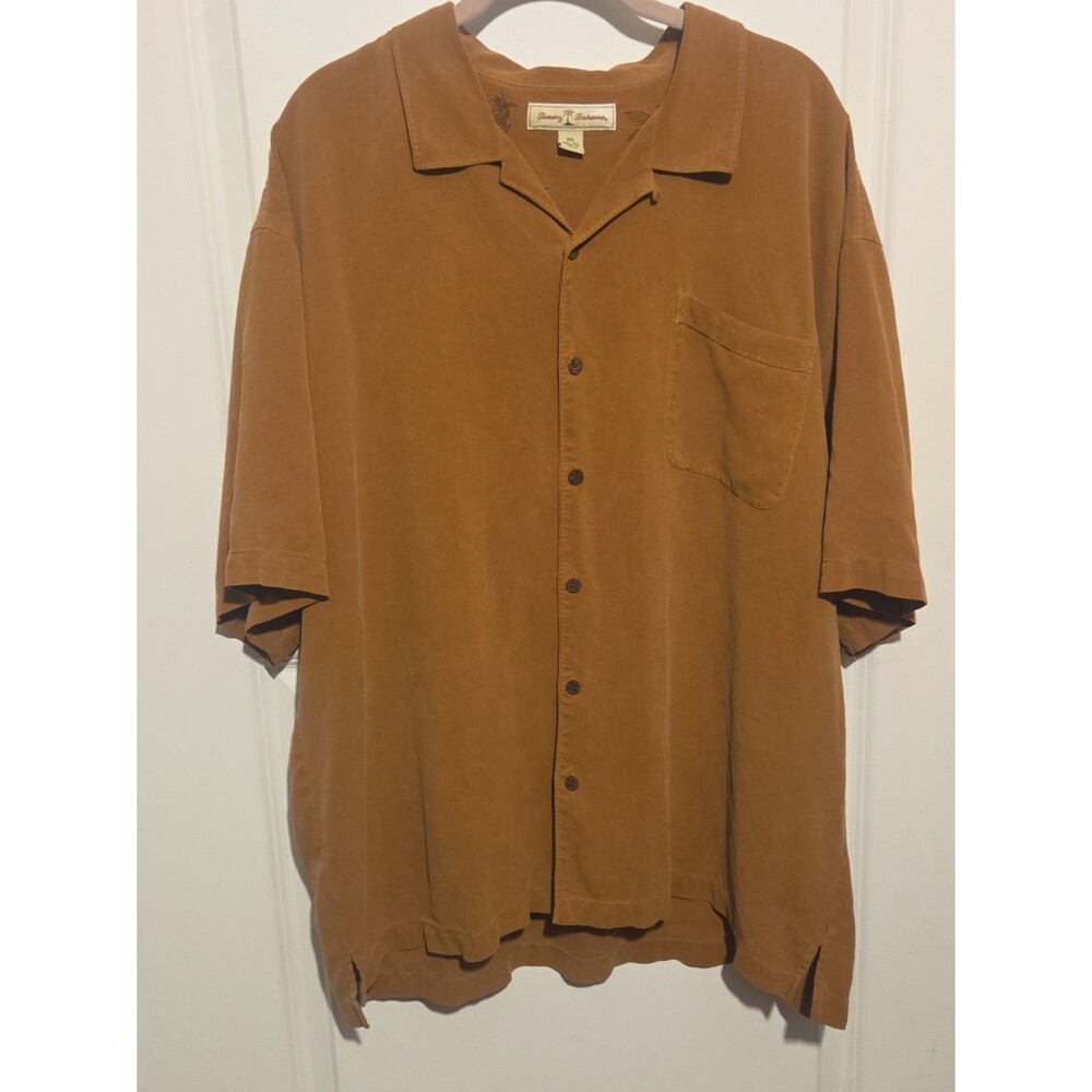 Tommy Bahama Mens XXL 100% Silk Camp Shirt Brown Tonal Tropical Hawaiian 2XL